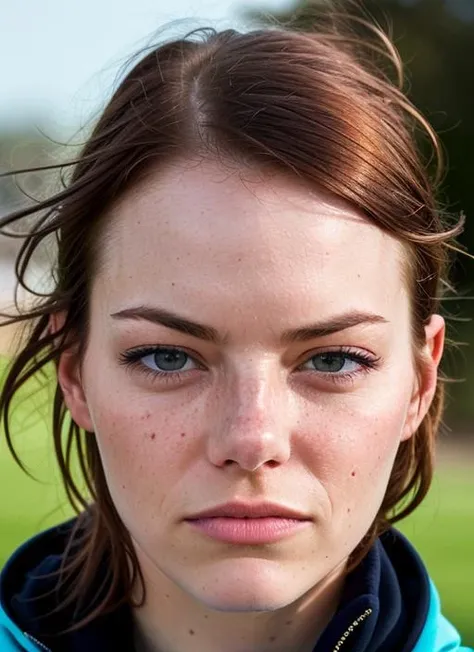 A stunning intricate color close up portrait of (sks woman:1) , wearing Graphic sweatshirt and jogger pants, epic character composition, sharp focus, natural lighting, subsurface scattering, f2, 35mm, film grain, , by Michael Kenna, <lora:lora-small-emma-stone-v1:1>