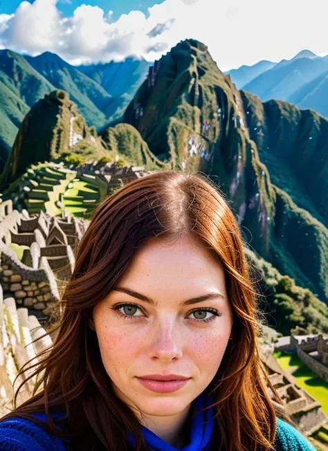 portrait of sks woman in Machu Picchu, with the ancient ruins in the foreground, by Flora Borsi, style by Flora Borsi, bold, bright colours, ((Flora Borsi)), by Imogen Cunningham, <lora:lora-small-emma-stone-v1:1>