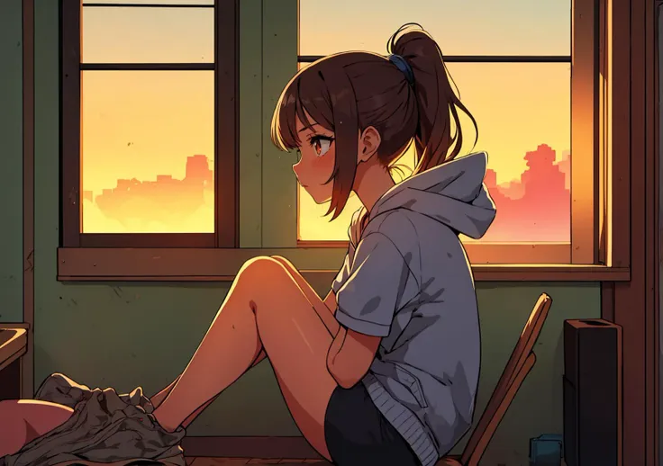 masterpiece, best quality,
1girl, shorts, hoodie, indoors, sitting, window, sunset, ponytail
flat shading,