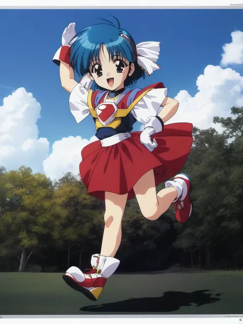 <lora:Sawady:0.8>, Sawady, 1girl, solo, short hair, blue hair, gloves, skirt, 1990s (style), retro artstyle, full body, brown eyes, open mouth, smile, shoes, hand on hip, looking at viewer, outdoor, sky,
masterpiece, high quality, very_high_resolution, large_filesize, full color,