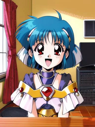 <lora:Sawady:1>, Sawady, 1girl, solo,  red eyes, short hair, window, 1990s (style), blue hair, smile, open mouth, looking at viewer, monitor, desk, aqua hair, computer, curtains, indoors,
 masterpiece, high quality, very_high_resolution, large_filesize, full color,