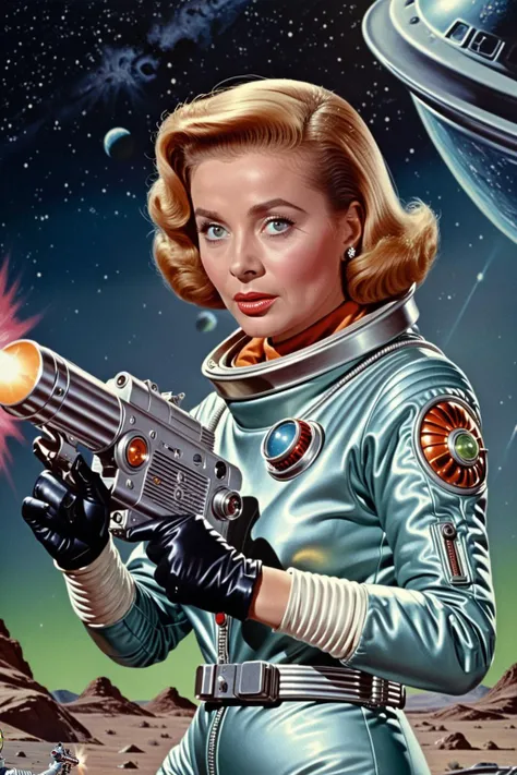 <lora:Eastman_Color_Style_XL:0.7> eastmancolor, 1950s, photorealistic, highly detailed, intricate, complex background, sci-fi, woman, space suit, holding a ray gun, shooting at an alien