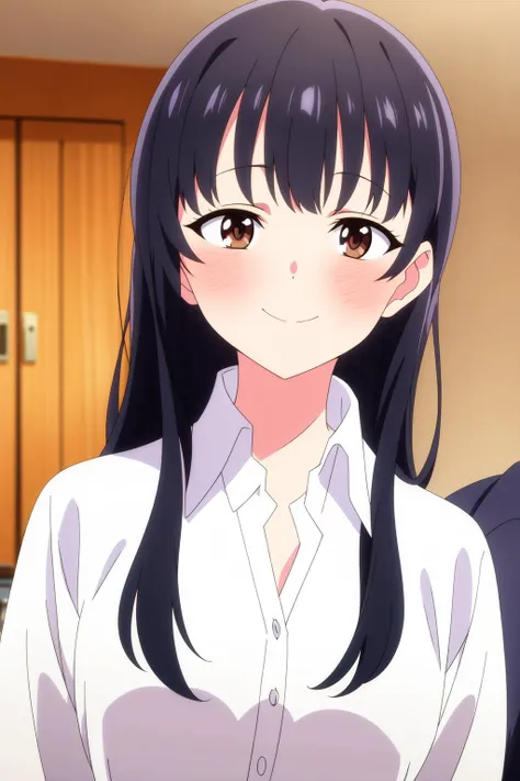 solo, 1girl, masterpiece, best quality, anime, highly detailed background, perfect lighting, (beautiful, best quality:1.1),
<lora:Anna Yamada_v2.0:0.65>, anna_yamada, long hair, black hair, brown eyes,
 blush, smile, bangs, shirt, black hair, brown eyes, closed mouth, jacket, white shirt, upper body, collared shirt
dutch angle, cowboy shot, isometric,