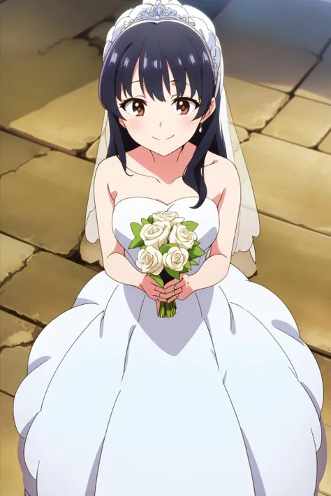 solo, 1girl, masterpiece, best quality, anime, highly detailed background, perfect lighting, (beautiful, best quality:1.1),
<lora:Anna Yamada_v2.0:0.65>, anna_yamada, long hair, black hair, brown eyes,
smile, closed mouth,
dress, (wedding dress:1.2),
dutch angle, cowboy shot, isometric, from above,