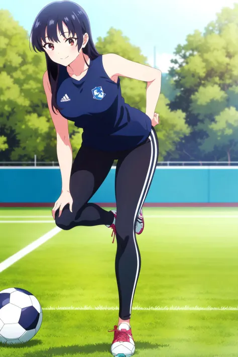 solo, 1girl, masterpiece, best quality, anime, highly detailed background, perfect lighting, (beautiful, best quality:1.1),
<lora:Anna Yamada_v2.0:0.65>, anna_yamada, long hair, black hair, brown eyes,
soccer jersey, yoga pants, black pants, light smile, arms behind back, leaning forward, football training camp, outdoors, day,