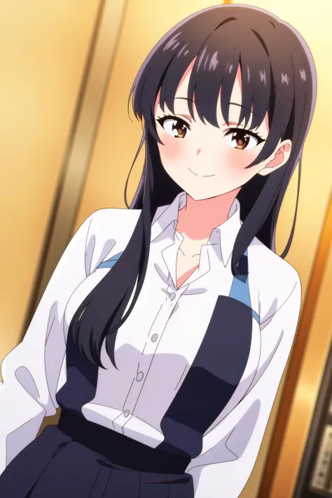 solo, 1girl, masterpiece, best quality, anime, highly detailed background, perfect lighting, (beautiful, best quality:1.1),
<lora:Anna Yamada_v2.0:0.65>, anna_yamada, long hair, black hair, brown eyes,
blush, smile, bangs, shirt, black hair, brown eyes, closed mouth, jacket, white shirt, upper body, collared shirt
dutch angle, cowboy shot, isometric,