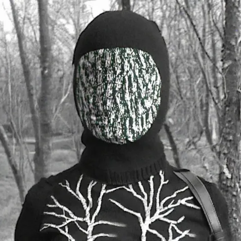 balaclava, , guerilla, trees, uniform, print , photo , person, fashion, lacing <lora:lowfi-step00015000:1>