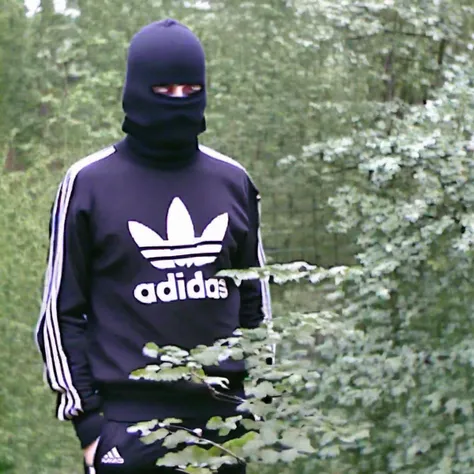 balaclava, , guerilla, trees, uniform, print , photo , person, fashion, tracksuit, adidas, uzi, gun <lora:lowfi-step00015000:1>