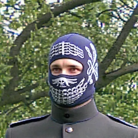 balaclava, club, serbian, tree, military uniform, <lora:lowfi-step00015000:1>