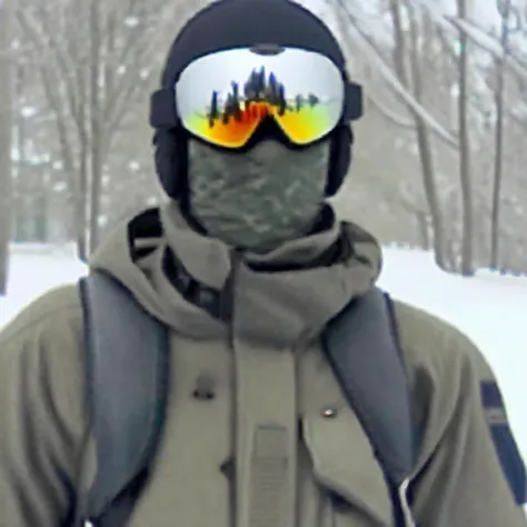 snow, winter, Arctida, helmet, soldier, balaclava, military , guerilla,  uniform, print , photo , person, weapon, fashion, boots, Snowboard goggles,  <lora:lowfi:1>
