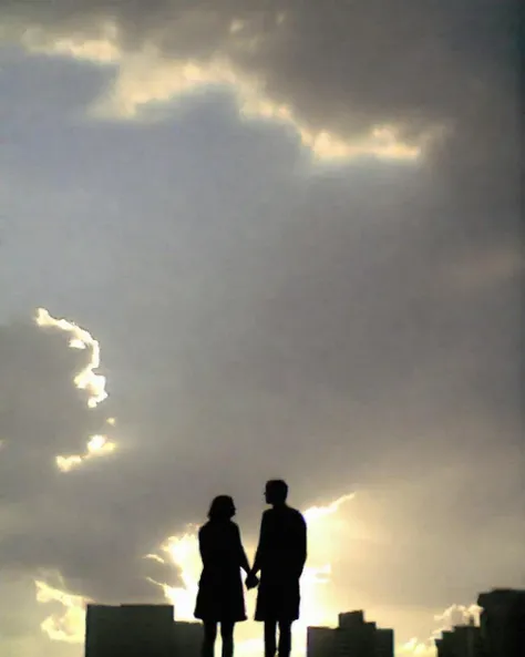 , building , cityscape, photo, cloud, sunray, couple holding hands <lora:lowfi-step00015000:1>