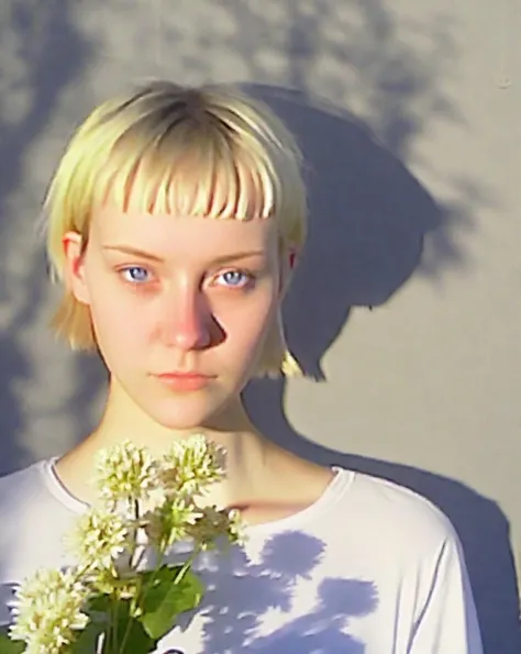 lowfi, blonde girl, short hair, shadow, on face, <lora:lowfi-step00015000:1> photo, jpeg, cloudy, holding flower, blue eyes