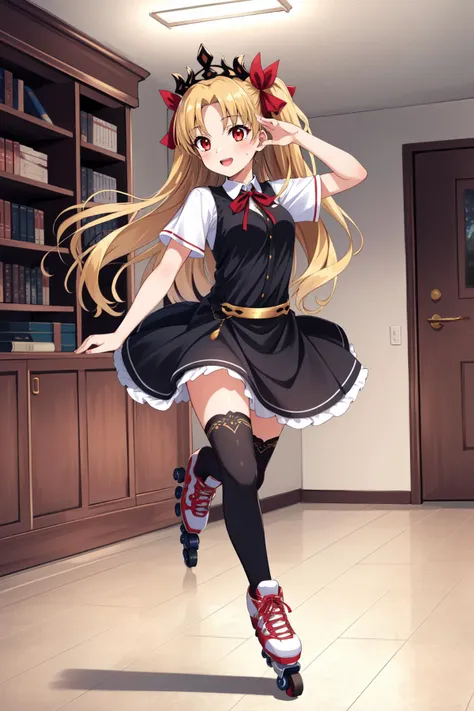 (masterpiece, best quality),  intricate details,
1girl,  <lora:ereshkigal_fate-10:0.8> ereshkigal_fate, red eyes, long hair, ribbon, tiara, red ribbon, 
roller skates, skating rinc, indoors, happy,