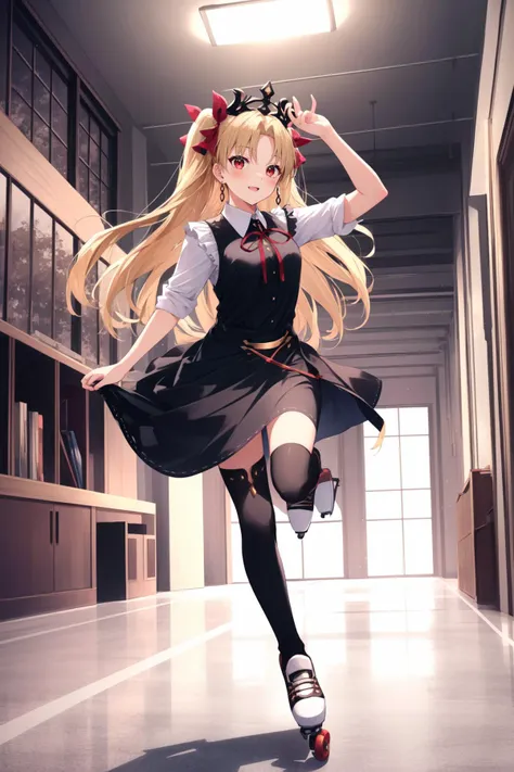 (masterpiece, best quality),  intricate details,
1girl,  <lora:ereshkigal_fate-10:0.8> ereshkigal_fate, red eyes, long hair, ribbon, tiara, red ribbon, 
roller skates, skating rinc, indoors, happy,