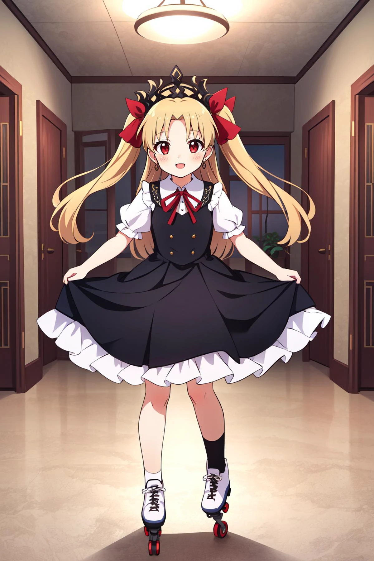 (masterpiece, best quality), intricate details,
1girl, <lora:ereshkigal_fate-10:0.8> ereshkigal_fate, red eyes, long hair, ribbon, tiara, red ribbon,
roller skates, skating rinc, indoors, happy,