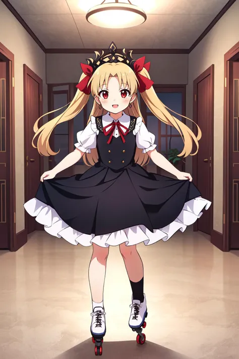 (masterpiece, best quality),  intricate details,
1girl,  <lora:ereshkigal_fate-10:0.8> ereshkigal_fate, red eyes, long hair, ribbon, tiara, red ribbon, 
roller skates, skating rinc, indoors, happy,