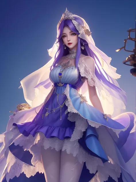 <lora:WZRYdaqiaoZAHJ_20230811203120:0.78>,WZRYdaqiaoZAHJ,looking at viewer, cityscape, night, mature female, 1girl, cowboy shot,dress,jewelry, hair ornament, multicolored dress, veil, capelet, crown,white blue purple dress,arms behind back, gradient,