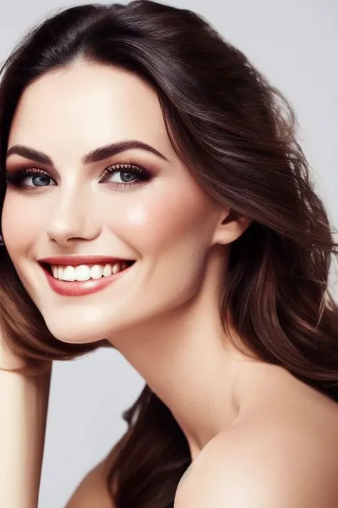 a white liquid dripping from a beautiful womans face into a glass, white liquid dripping from face, glass of white liquid under chin, happy smile, looking into camera