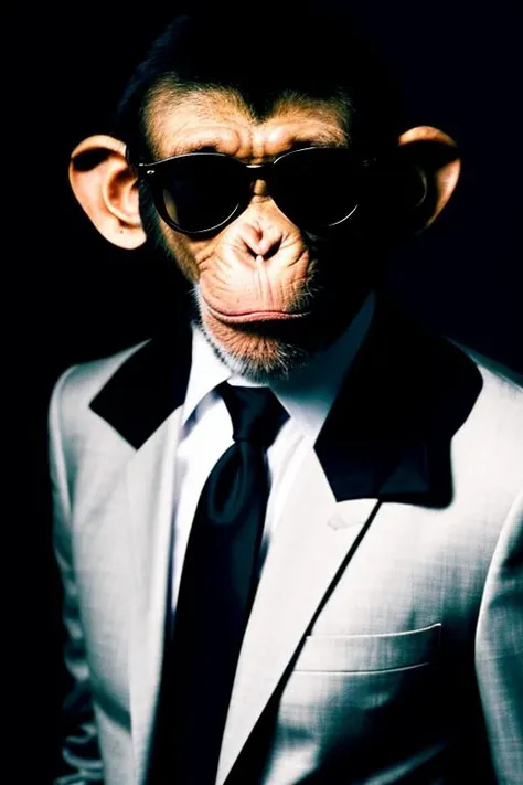 night photo of a chimp wearing a black suit with a white shirt and black necktie and wearing black Rayban style sunglasses, best quality and best aesthetic,flash photography, (night dark bedroom background)