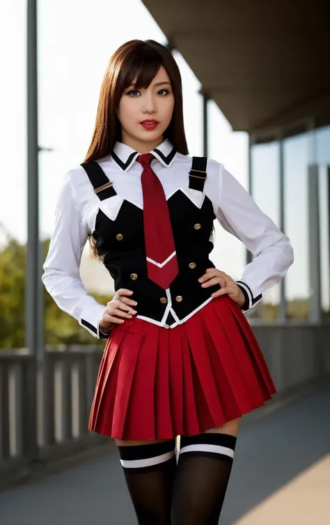 ((masterpiece, best quality)), insaneres, absurdres, solo, outdoors,
CLOTHING_BibleBlack_SchoolDress_ownwaifu, 
1girl, blonde hair,  long hair, blue eyes, 
black vest, red skirt, white shirt, collared shirt, suspenders, school uniform, black thighhighs, zettai ryouiki, necktie, long sleeves, pleated skirt, red necktie, 
(contrapposto, hand on hip)<lora:CLOTHING_BibleBlack_SchoolDress_ownwaifu:1>,
lens flare, depth of field, bokeh, embers, vanishing point, looking at viewer,