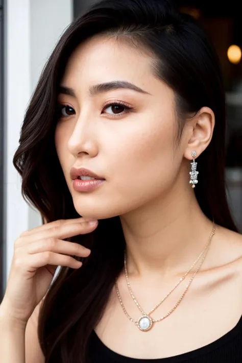 from front,a photo of a sexyl 30-year-old chinese woman, Hand and face [close-up],She put a hand on her cheek, detailed hand and Detailed 5 fingers and Detailed 5 finger nails ,Wearing detailed jewelry rings,markup,Eyeliner, eyeshadow, mascara,The ring on the finger is visible, detailed skin textures and detailed skin pores and high skin detail,(cafe background:1.2),bare shoulders