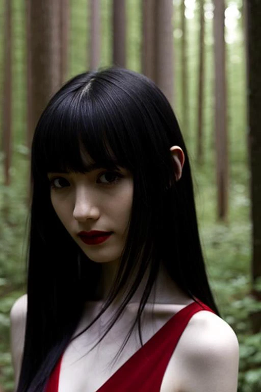 from front,a woman,closed mouth,Long black hair and bangs,portrait,best quality and best aesthetic,pale skin, facing viewer,Off the shoulders,face close-up,red lips,Wearing a sexy dress,in the forest