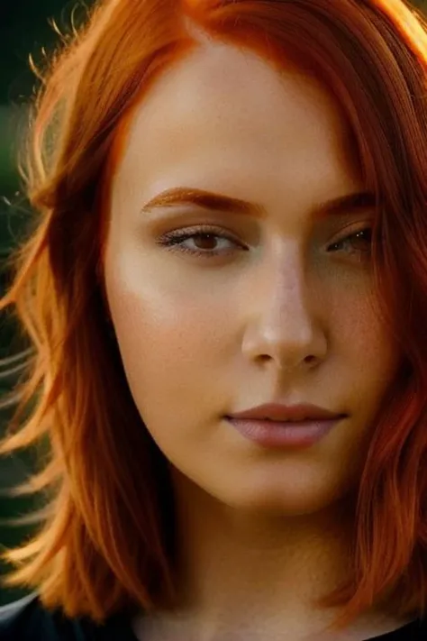 [face closeup],almost closed eyes,beautiful girl,(golden skin),redhead,short hair,[long curly bob cut],dark theme, [detailed skin], empty background,[4k],[full hd],[posing],[sharp image],[high quality],[detailed],[dramatic lighting],[dslr],[professional photographer]