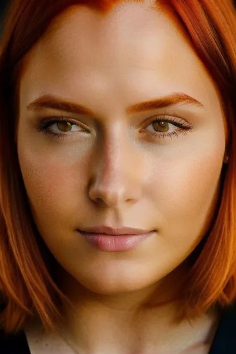 [face closeup],almost closed eyes,beautiful girl,(golden skin),redhead,short hair,[long curly bob cut],dark theme, [detailed skin], empty background,[4k],[full hd],[posing],[sharp image],[high quality],[detailed],[dramatic lighting],[dslr],[professional photographer]