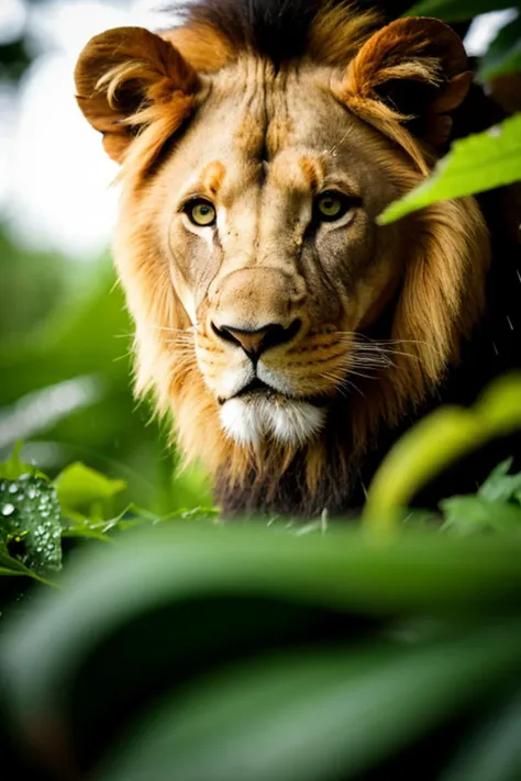 lion, hiding in the leaves,(rain:1.3), zazie rainyday, beautiful eyes, macro shot, colorful details, natural lighting, amazing composition, subsurface scattering, velus hairs, amazing textures, filmic, soft light