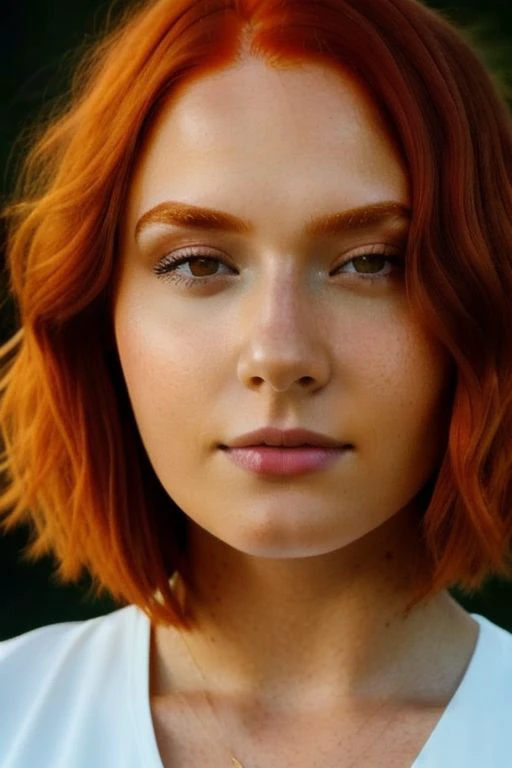 [face closeup],almost closed eyes,beautiful girl,(golden skin),redhead,short hair,[long curly bob cut],dark theme, [detailed skin], empty background,[4k],[full hd],[posing],[sharp image],[high quality],[detailed],[dramatic lighting],[dslr],[professional photographer]