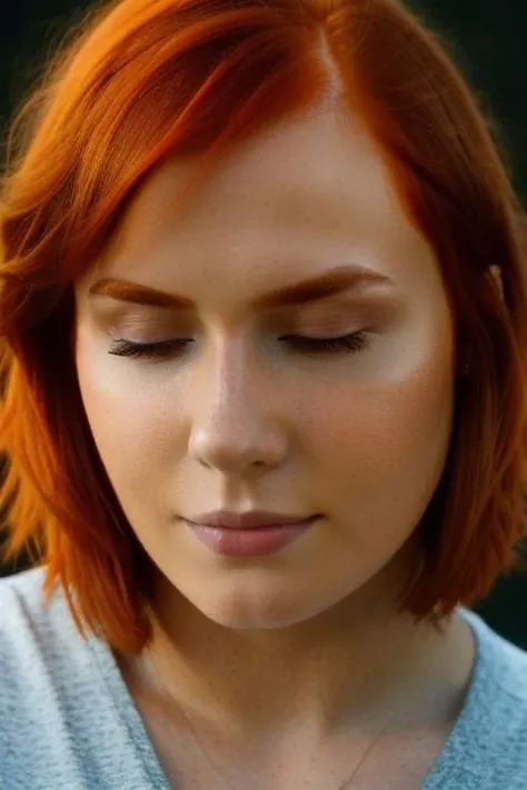 [face closeup],almost closed eyes,beautiful girl,(golden skin),redhead,short hair,[long curly bob cut],dark theme, [detailed skin], empty background,[4k],[full hd],[posing],[sharp image],[high quality],[detailed],[dramatic lighting],[dslr],[professional photographer]