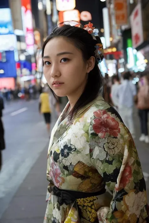 flash photography,medium shot,film grain,Film still, cinematic,A photo of an 18-year-old Japanese woman wearing a kimono on a Tokyo street at night,Wear beautiful Japanese style hair accessories