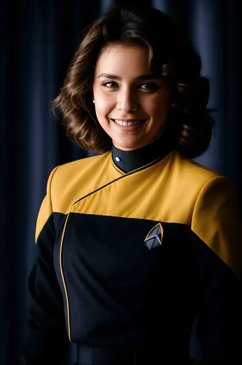 (1980s hairstyles),daily life close-up portrait of a beautiful female wearing pcdst black and yellow uniform,badge,long black sleeves,black chest,yellow shoulders, skinny, (freckles:0.5), dark eyes, chiseled face,smile, blushing, dimples, waist shot, pov face,city   background<lora:STPicardUniforms:0.8>