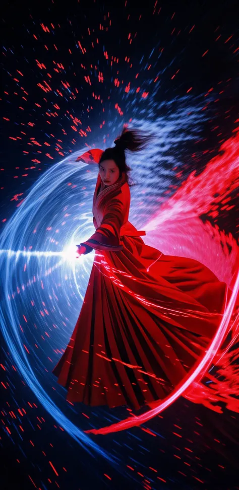 from above,(super wide Angle),motion blur,A Chinese woman uses Qing Kung to fly on a black background and Her hands are burning with fire Wearing Hanfu,martial <lora:LCM_LoRA_Weights_SD15å éå¨:0.7> <lora:Qing Kung_20230927123451:0.6>,<lora:martial_20231207131810:0.6>, <lora:detail_slider_v4:1>,<lora:å¢å ç實æepiCRealLife:1>,water surrounds her body, glowing,(flowing light particles),flowing smoke,fighting stance,best quality and best aesthetic and (photorealistic:1.4) and (Realistic:1.4), full body,Fujifilm XT3,film still,film grain,cinematic,<lyco:film grainV2:0.4>,looking at viewer and facing viewer, Detailed facial features, detailed eyes, detailed nose, detailed lips,(Laser light) and (glowing magic circle:1.4)