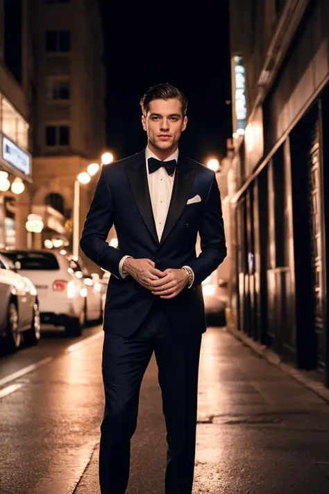 flash photography,medium shot,film grain,Film still, cinematic,color photo of Handsome man,Wearing expensive suits, formal attire,night street background