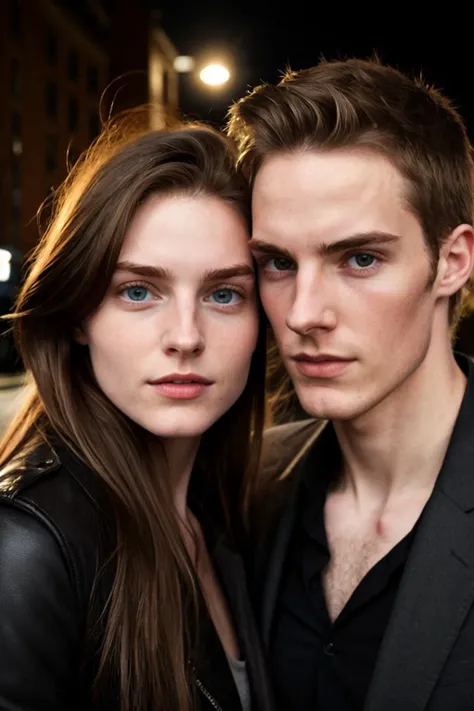 best quality and best aesthetic,reddit,photo of a 18 year old young British woman and a handsome British man from r/GWCouples,detailed skin texture,Outdoor, dark city street,night,couple ,(hetero:1.2), (woman looking at viewer and facing viewer,man looking at viewer),(face close-up), keylight reflection on eyes,detailed iris,detailed pupil,Look at the camera and smile naturally,real world location