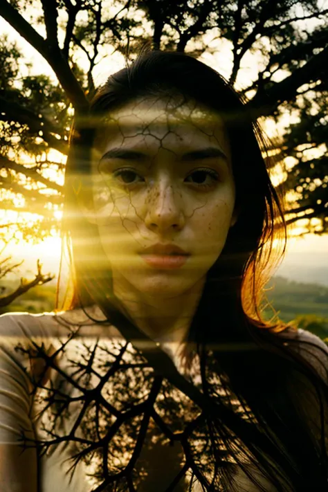 A (double exposure:1.2) film portrait showcasing a young woman with a contemplative expression superimposed with the intricate details of an ancient tree. The blend of human emotion and natural elements on film creates a poetic and surreal visual narrative.,sunset,face close-up
<lora:PornMaster-AmateurV6+sdsFILM_v5:0.9>