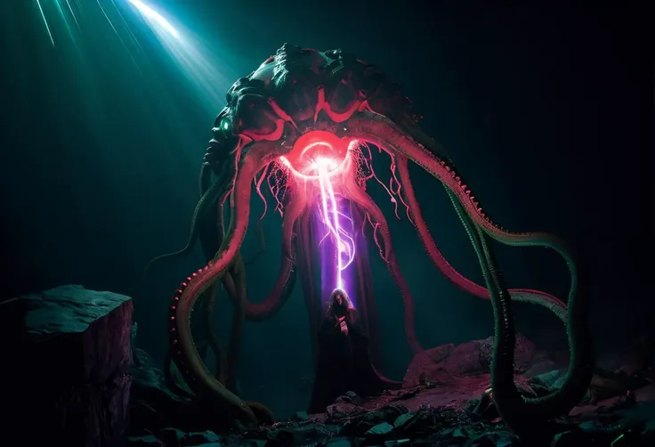 immensely huge lovecraftian tentacled interdimensional hideous outer gods in the depths of deep space by greg rutkowski, unreal engine 5, 4k, dark foreboding, horror, 35mm lense, movie camera, film camera, dramatic, glowing green mist, red and purple colour pallet, cinematic, wide angle, Neon colours, Lazers and sparks, complex, cinematic, zero gravity, photography, movie stills, 80s nostalgic sci-fi, photorealistic, ultra detailed, light rays