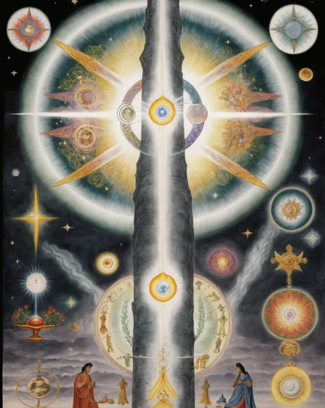 powerful forces of cosmic spiritual energy, realms of time and consciousness, the progression of mystical enlightenment through symbolism and initiation, duality and the union of opposites, hand drawn illustration
