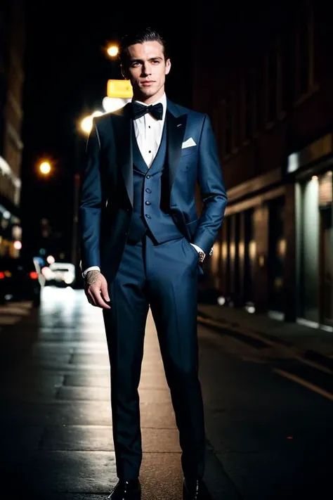 flash photography,medium shot,film grain,Film still, cinematic,color photo of Handsome man,Wearing expensive suits, formal attire,night street background