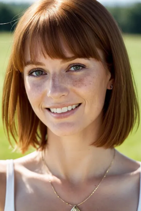 best quality and best aesthetic,a woman and a necklace on her neck looking at the camera with a light smile on her face (freckles:0.6), portrait,medium hair, swept bangs, sidelocks, ginger beauty, depth of field, close-up