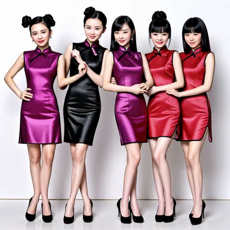 5 women, a photo of five 18-year-old chinese women with different faces and different hairstyles and they are wearing different clothes, dress, black hair, smile, hair bun, high heels, brown hair, short hair, long hair, jewelry, earrings, looking at viewer, grin, flower, breasts, simple background, cleavage, standing, nail polish, black footwear,(wearing cheongsam)
<lora:five women_V2:0.8>  <lora:LCM_LoRA_Weights_SD15RVh:1>