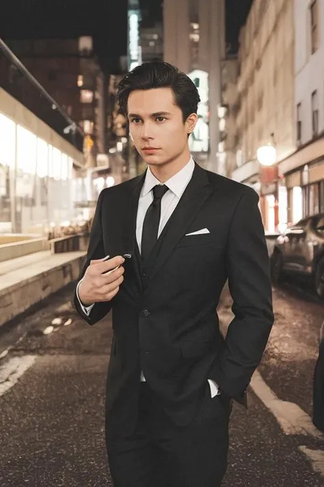 flash photography,medium shot,film grain,Film still, cinematic,color photo of Handsome man,Wearing expensive suits, formal attire,night street background