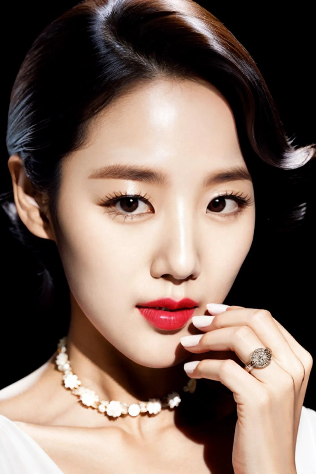 best quality and best aesthetic,nigth,A photo of a sexy korean idol wearing a ring on her hand,Wearing a beautiful dress,face close-up ,asianbabe
,detailed hand and Detailed 5 fingers and Detailed 5 finger nails,black hair,jewelry,gem,wearing necklace
She raised a hand to her face,
film grain,cinematic,<lyco:film grainV3:0.3>,flash photography,<lora:flash photography photoV3:0.4>
black background,simple background <lora:asianbabe_V6:0.6>
