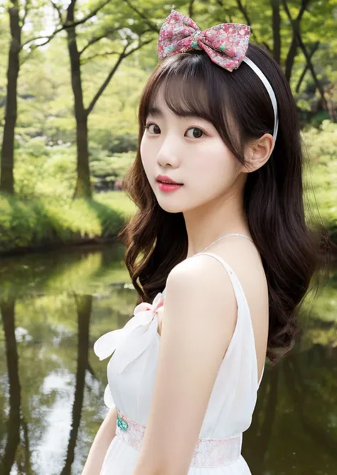 studio lighting,A photo of a 30-year-old Korean woman wearing a dress, Wearing cute bow hair accessories,
masterpiece,best quality,best aesthetic, Raw format,ultrahigh-res,portrait,face close-up
park background
forest
Sunlight
pond