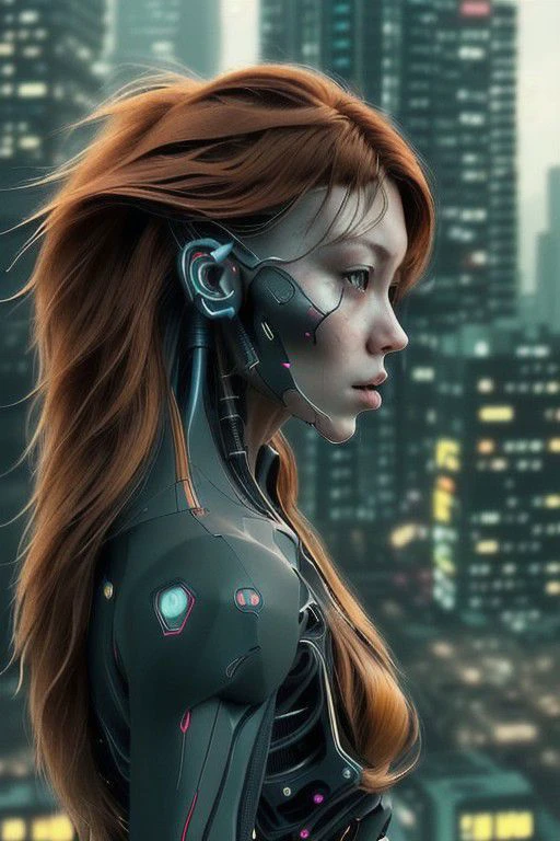 real raw portrait, cyberpunk style, cyberware implants, photorealistic, young girl, ginger long hair, beautiful clouds, low angle, front low view, wind, dust, cinematic, cyber birds, depth, wide portrait, solo, alone, photorealistic, neon city, rooftop, (best quality)+, (super-fine detail)+, super-high quality render, sunrise, cinematic scene, cinematic lighting, analog style photo, grainy amateur lo-fi photo, desaturated colors, low contrast, ultrarealistic