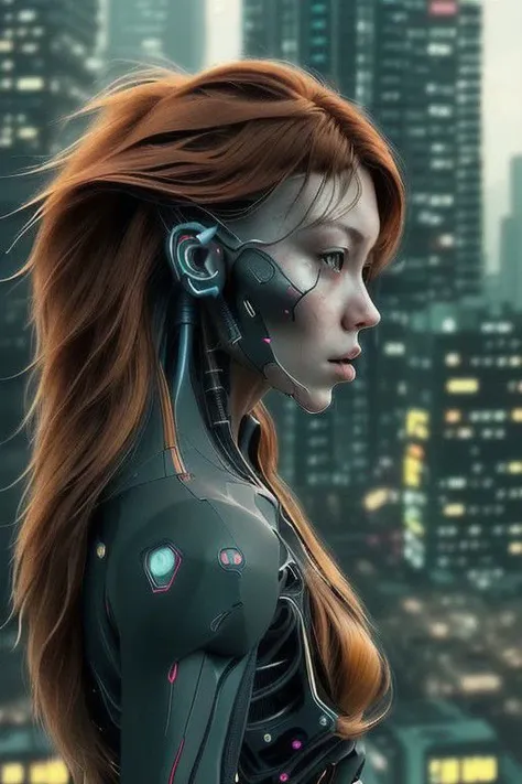 real raw portrait, cyberpunk style, cyberware implants, photorealistic, young girl, ginger long hair, beautiful clouds, low angle, front low view, wind, dust, cinematic, cyber birds, depth, wide portrait, solo, alone,  photorealistic, neon city, rooftop, (best quality)+, (super-fine detail)+, super-high quality render, sunrise, cinematic scene, cinematic lighting, analog style photo, grainy amateur lo-fi photo, desaturated colors, low contrast, ultrarealistic