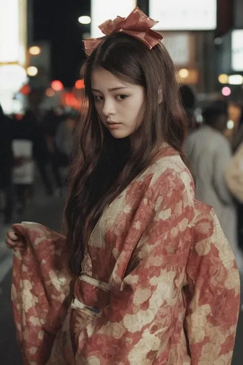 flash photography,medium shot,film grain,Film still, cinematic,A photo of an 18-year-old Japanese woman wearing a kimono on a Tokyo street at night,Wear beautiful Japanese style hair accessories