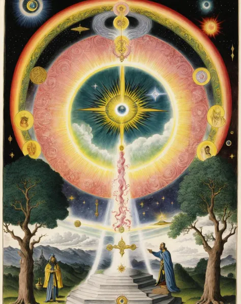 magnum opus of the demiurge, powerful forces of cosmic spiritual energy, realms of time and consciousness, the progression of mystical enlightenment through symbolism and initiation, duality and the union of opposites, hand drawn illustration