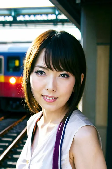 best quality and best aesthetic,photo of a japanese woman named hatanoyui <lyco:hatanoyui-amateurV1:0.85>,Look at the camera and smile naturally,wearing a dress,blunt bangs,(makeup,eyeshadow),eyelash,upper body,detailed face, detailed facial features,detailed eyes,face,looking at viewer,Outdoor,train station background, Fujifilm XT3,film still,film grain,cinematic,<lyco:film grainV3:0.4>